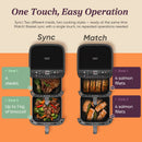 Cosori Turbo Tower Sync and Match diagram showing steaks with broccoli in separate baskets, or salmon in both.