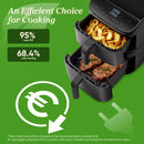 Cosori Turbo Tower ceramic air fryer with potatoes and meat in open baskets beside oil-use and cooking-cost claims.