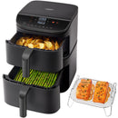 Cosori Turbo Tower ceramic air fryer with potatoes and asparagus in open baskets and salmon on a raised rack.