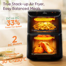 Cosori Turbo Tower ceramic air fryer cutaway highlighting two DC motors and a 30–230°C temperature range.