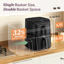 Cosori Turbo Tower ceramic air fryer size diagram with 40.5 cm height and stacked 4.3 L and 6.5 L baskets.