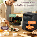 Person serving from a Cosori Turbo Tower ceramic basket, with salmon cooking below and desserts on the counter.