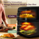 Cosori Turbo Tower ceramic air fryer cutaway showing potatoes above salmon and asparagus on three cooking levels.