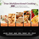 Cosori Turbo Tower ceramic air fryer modes: air fry, roast, bake, grill, reheat, dry and proof, with food examples.