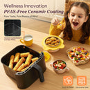 Cosori Turbo Tower ceramic basket beside a child eating, with PFAS-free coating and dishwasher-safe care labels.